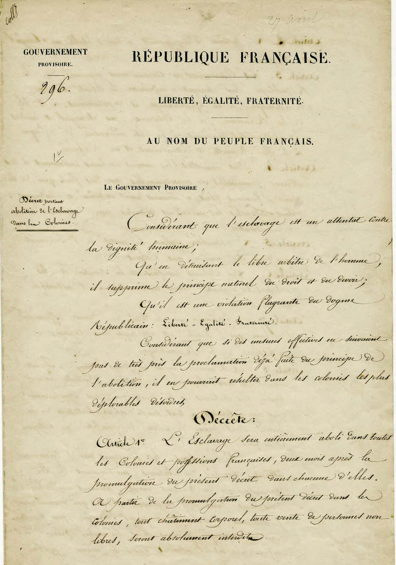 Décret du gouvernement provisoire sur l'abolition définitive de l'esclavage dans les colonies signé le 27 avril 1848 par le gouvernement provisoire. (Archives nationales BB-30-1125-A-296)