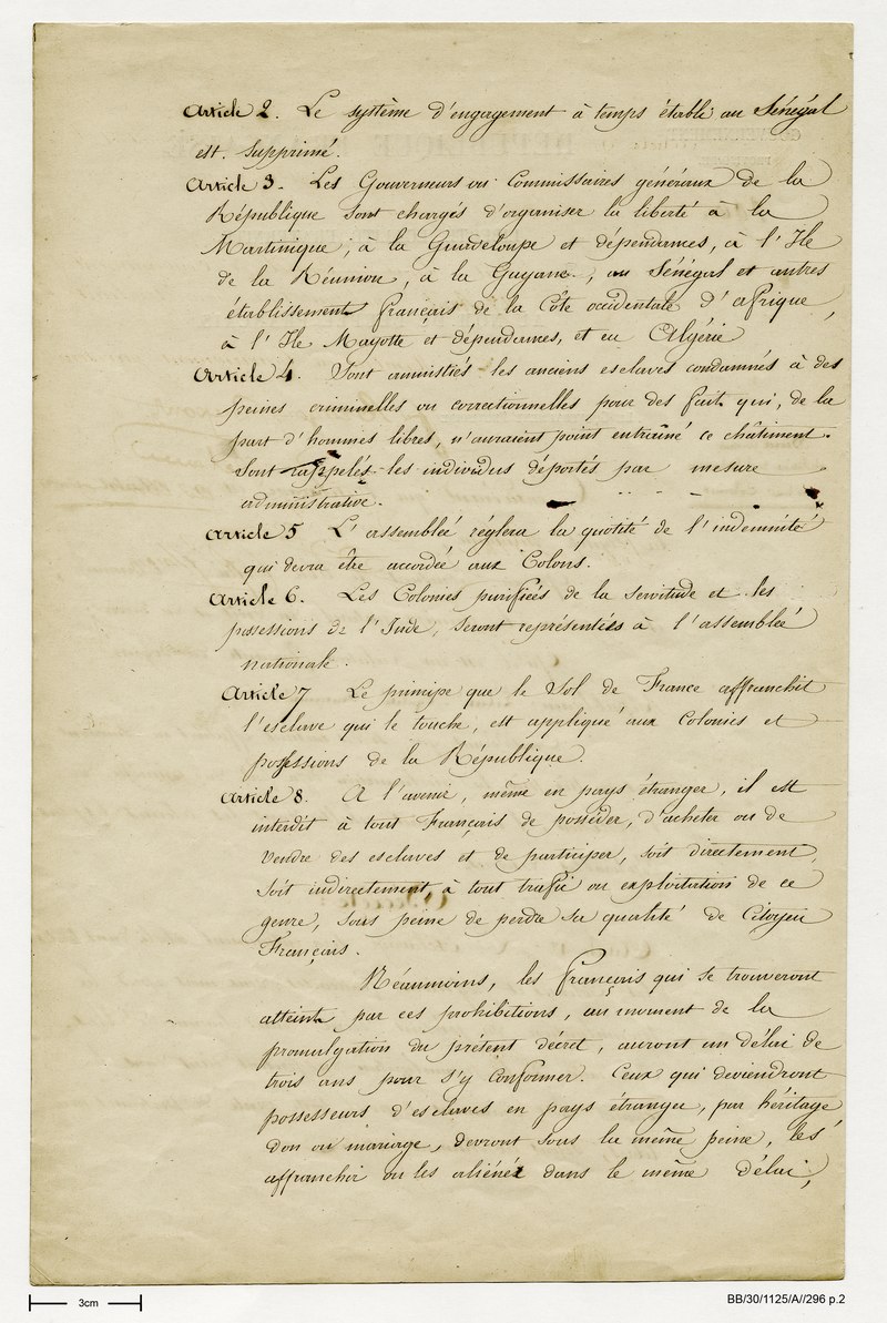 Décret du gouvernement provisoire sur l'abolition définitive de l'esclavage dans les colonies signé le 27 avril 1848 par le gouvernement provisoire. (Archives nationales BB-30-1125-A-296)