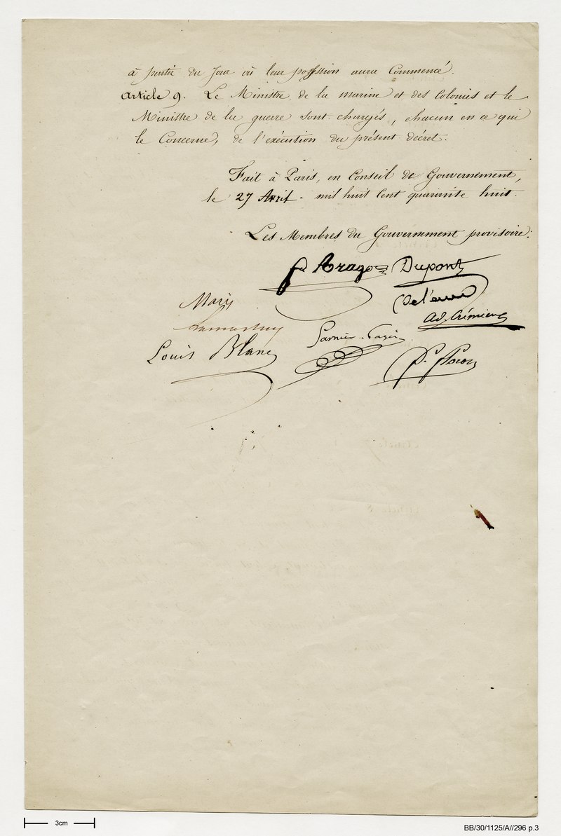 Décret du gouvernement provisoire sur l'abolition définitive de l'esclavage dans les colonies signé le 27 avril 1848 par le gouvernement provisoire. (Archives nationales BB-30-1125-A-296)